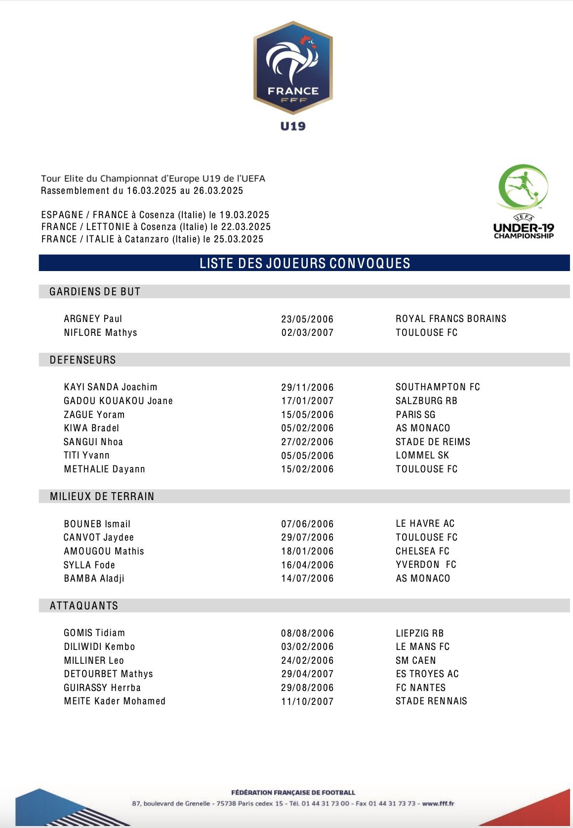 La sélection française pour le Tour Elite de l'Euro U19 2025 avec Bradel Kiwa et Aladji Bamba.